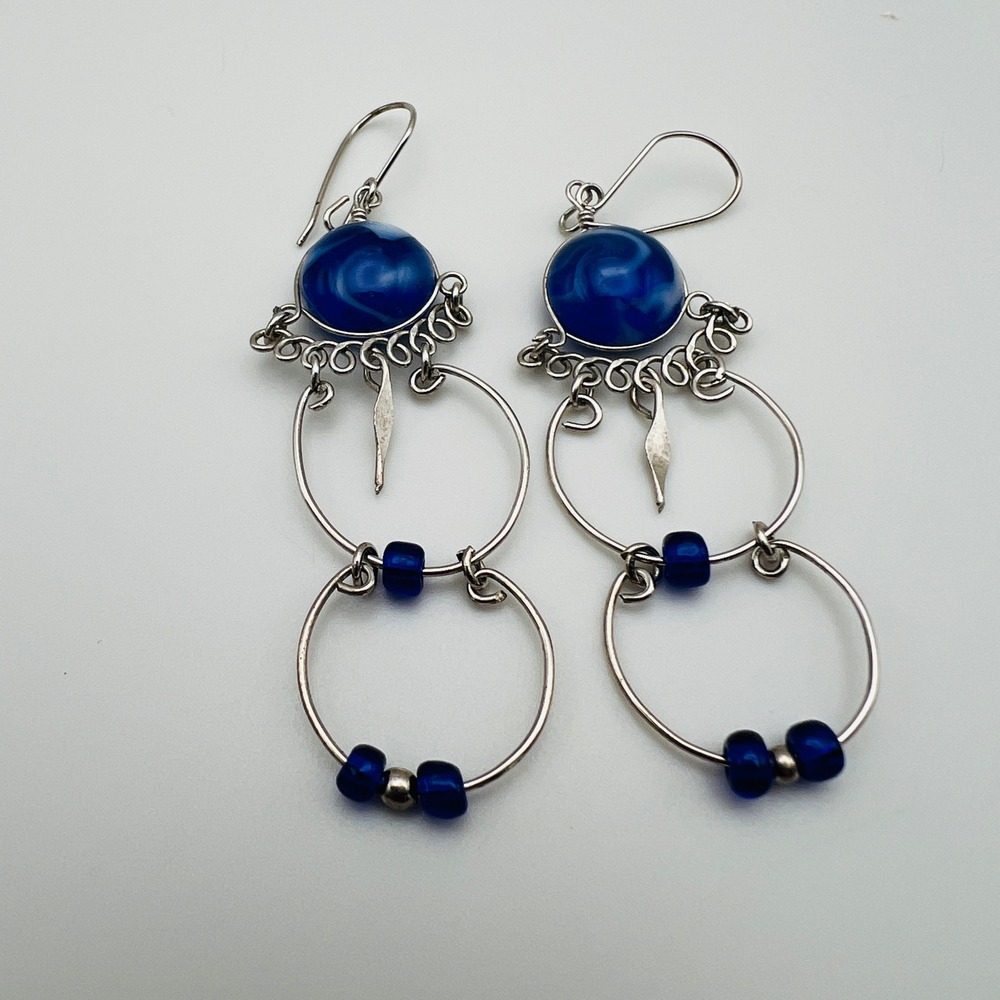 Blue Swirl Glass Silver Tone Hoop‎ Dangle Drop Earrings Boho Artisan Jewelry